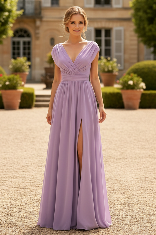 A-Line V-Neck Sleeveless Floor-Length Chiffon Mother Of The Bride Dresses With Split Front Pleated