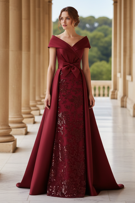 Elegant Off-The-Shoulder Overskirt Sweep Train Satin Mother Of The Bride Dresses With Lace