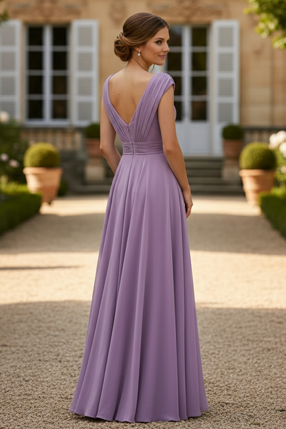 A-Line V-Neck Sleeveless Floor-Length Chiffon Mother Of The Bride Dresses With Split Front Pleated