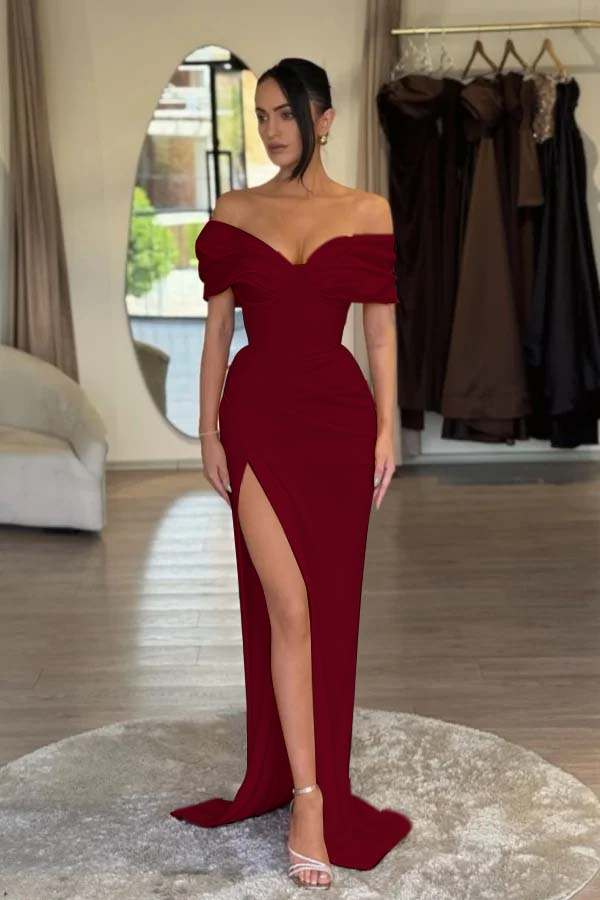 V-Neck Off-The-Shoulder Sleeveless Long Mermaid Prom Dress With Pleated And Split