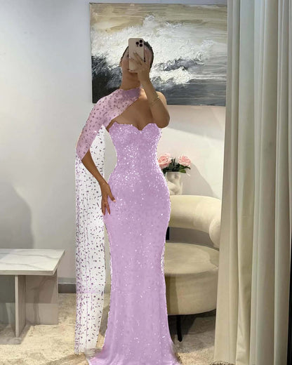 Tulle V-Neck Strapless Sleeveless Long Mermaid Prom Dress With Sequins And Ruffles