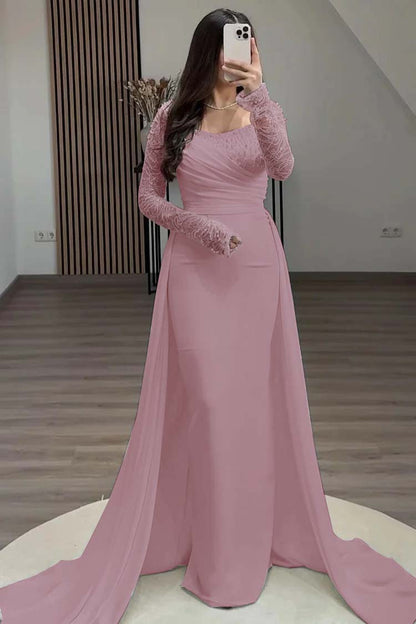 Square Neck Long Sleeves High Waist Long Pleated Mermaid Prom Dress With Beadings And Ruffles