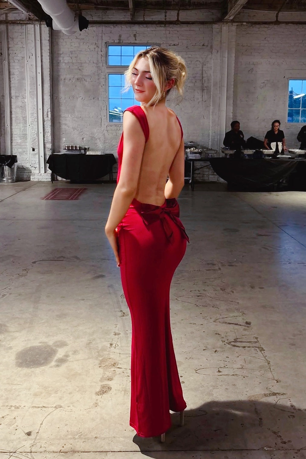 Backless Pink Bow Cowl Neck Long Dress