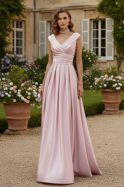 Elegant A-Line V-Neck Ruched Waist Floor-Length Satin Mother Of The Bride Dresses
