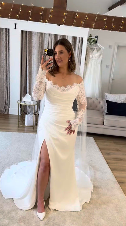 Lace Off the Shoulder Long Sleeve Mermaid Side Slit Wedding Dress