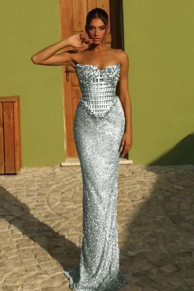 Sleeveless Strapless Long Mermaid Prom Dress With Sequin Pleated