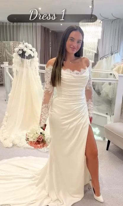 Lace Off the Shoulder Long Sleeve Mermaid Side Slit Wedding Dress