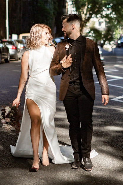 High Neck Ivory Wedding Dresses with Side Slit      fg6929