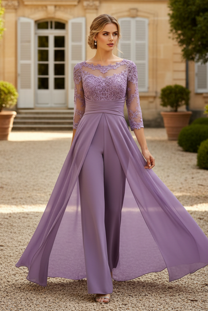 Scoop Neck 3/4 Sleeves Detachable Chiffon Mother Of The Bride Dresses With Lace