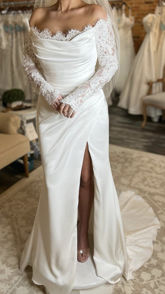 Lace Off the Shoulder Long Sleeve Mermaid Side Slit Wedding Dress