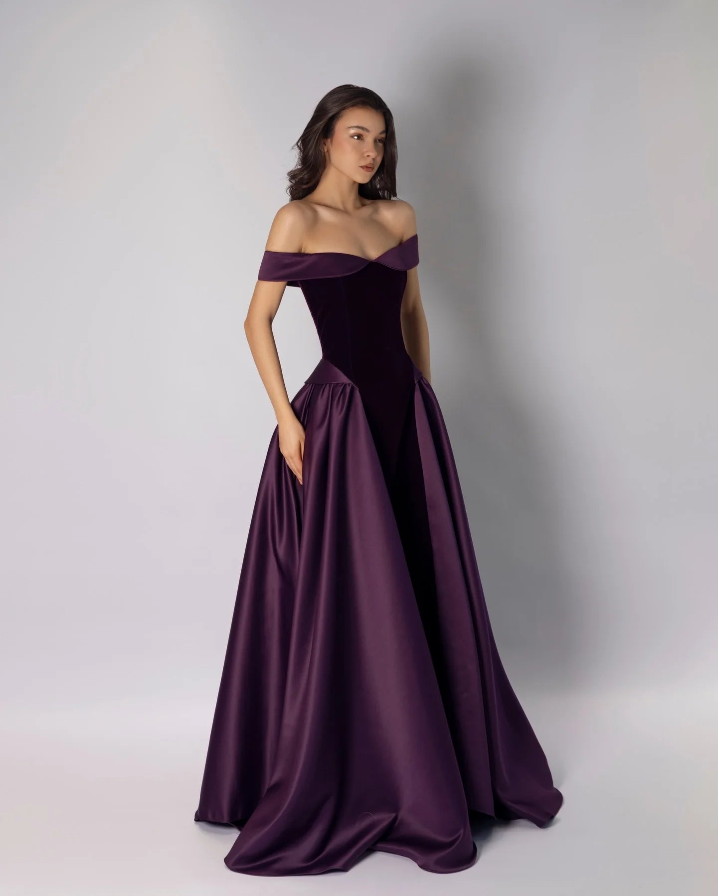 Dark Purple Off-The-Shoulder Pleated A-Line Evening Dress