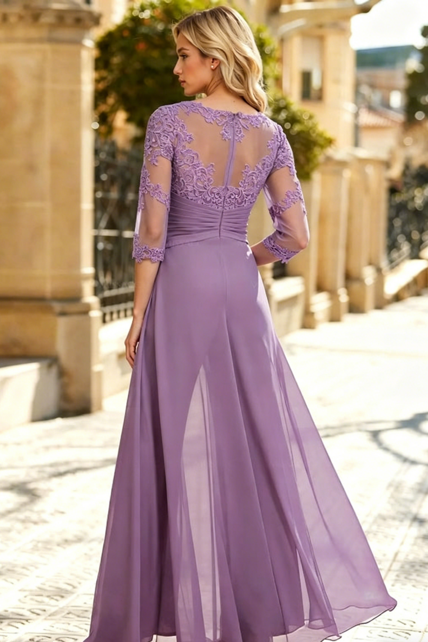 Scoop Neck 3/4 Sleeves Detachable Chiffon Mother Of The Bride Dresses With Lace