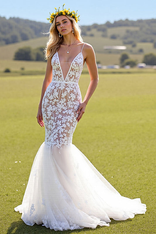 Deep V-Neck Sleeveless Mermaid Wedding Gowns Lace Appliques Open Back