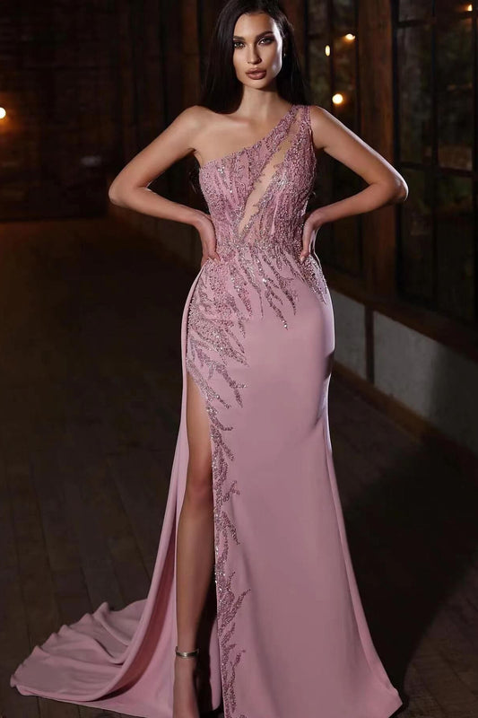 Elegant One Shoulder Sleeveless Appliques Prom Dress Mermaid With Split