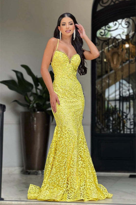 Chic Yellow Spaghetti Strap Sweetheart Sleeveless Long Mermaid Prom Dress