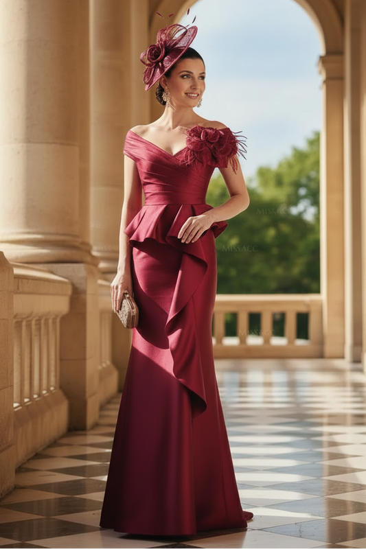 Feather Trimmed 3D Floral Off-The-Shoulder Mother Of The Bride Dresses With Ruffled