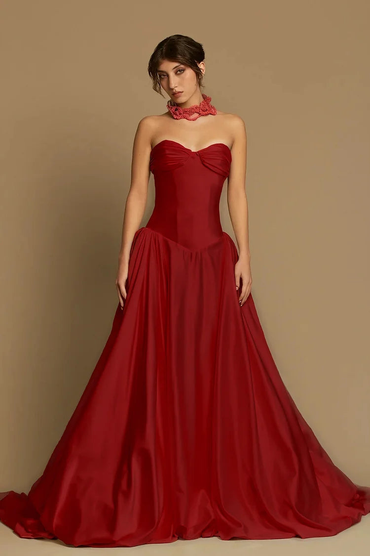 Satin Sweetheart Strapless Sleeveless High Waist Long A-Line Prom Dress With Pleated