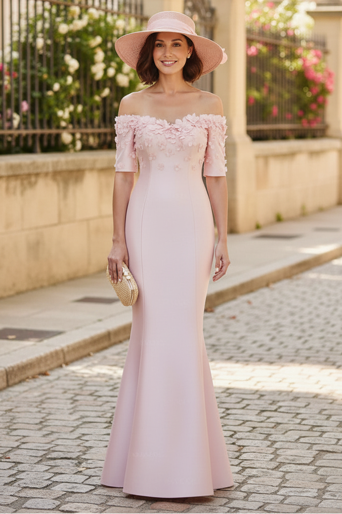 Off-The-Shoulder 1/2 Sleeves Floor-Length Satin Mother Of The Bride Dresses With Flower