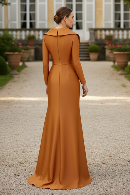 V-Neck Long Sleeves Sweep Train Satin Mother Of The Bride Dresses
