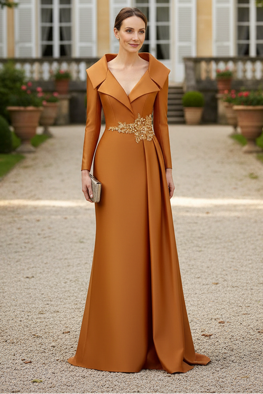 V-Neck Long Sleeves Sweep Train Satin Mother Of The Bride Dresses