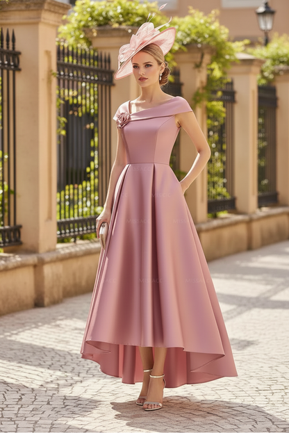 Classic A-Line Sleeveless Asymmetrical Satin Mother Of The Bride Dresses With Flower
