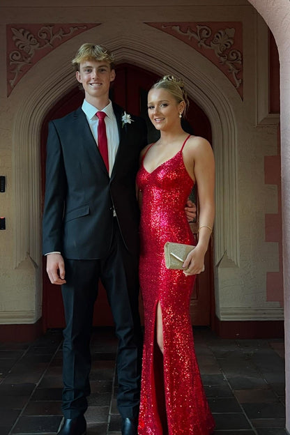 Red V-neck Spaghetti Strap Sequin Dress