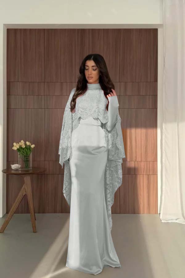 Satin And Lace High Neck Long Sleeves High-Waisted Long Mermaid Prom Dress With Cape