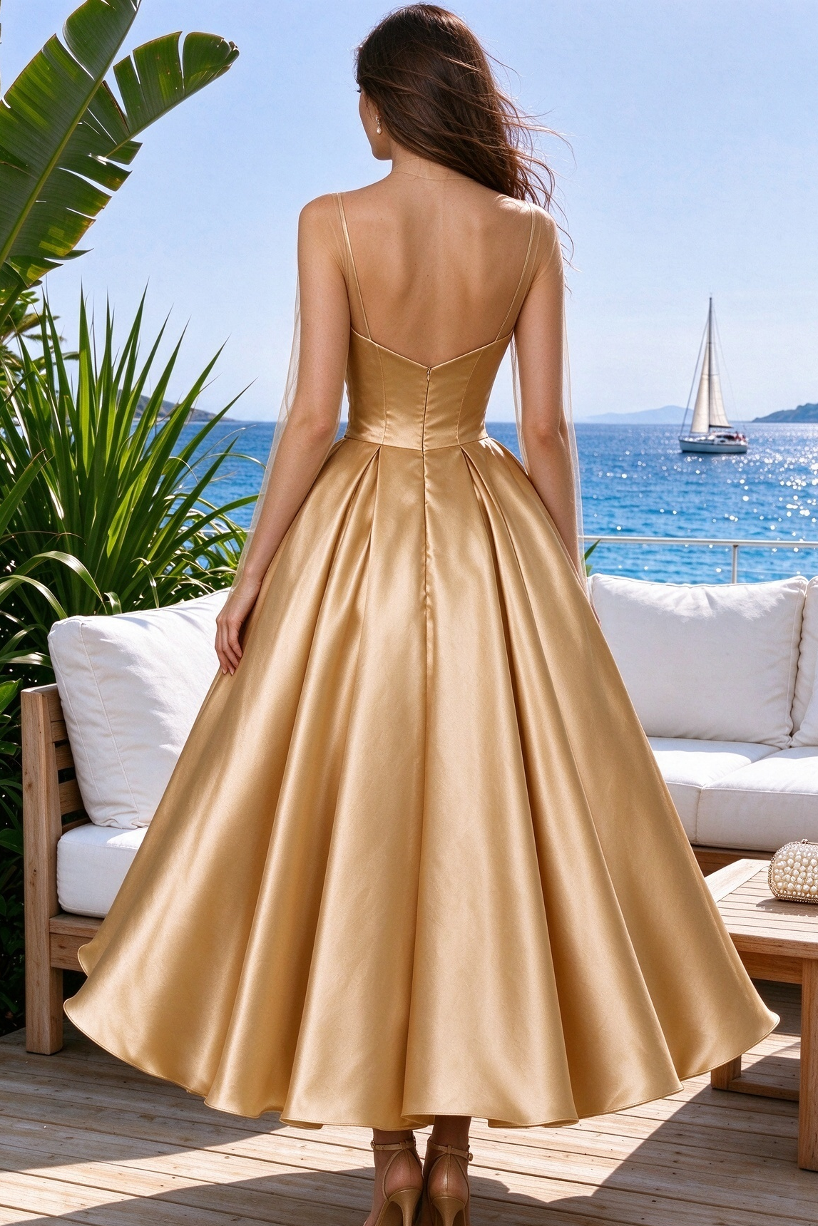 Illusion Long Sleeve Satin Tea-Length Dress