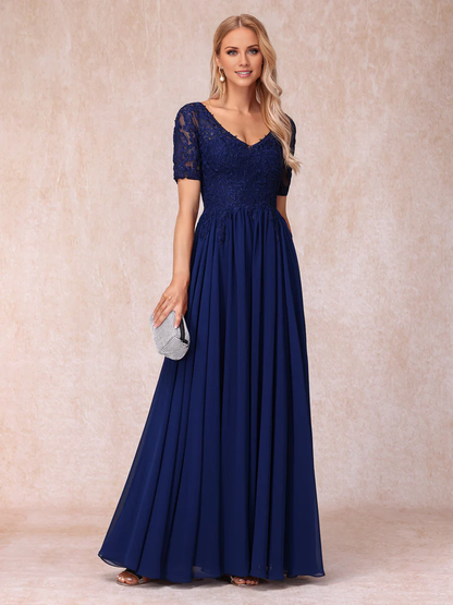 V-neck short sleeved long formal mother of the bride dress
