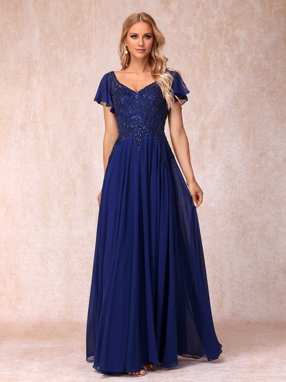 V-neck short sleeved long formal mother of the bride dress