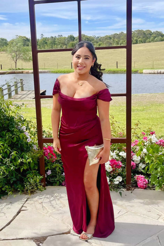 Burgundy Off-the-shoulder Side Slit Long Prom Dress