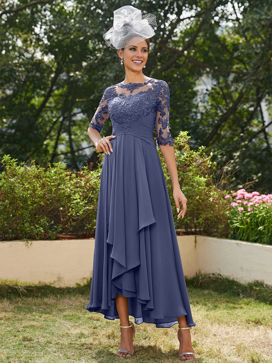 A-line princess transparent collar half sleeve long strap with decal mother of the bride dress