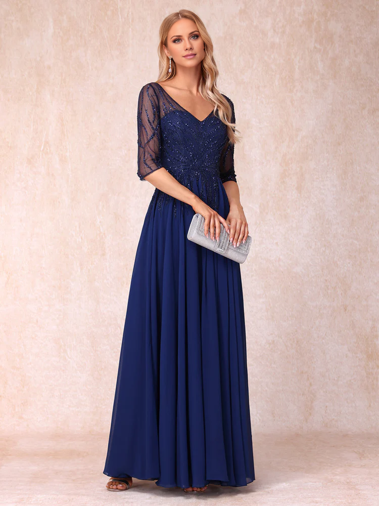 V-neck Half Sleeve Long Formal Bead Decoration Mother of the bride Dress