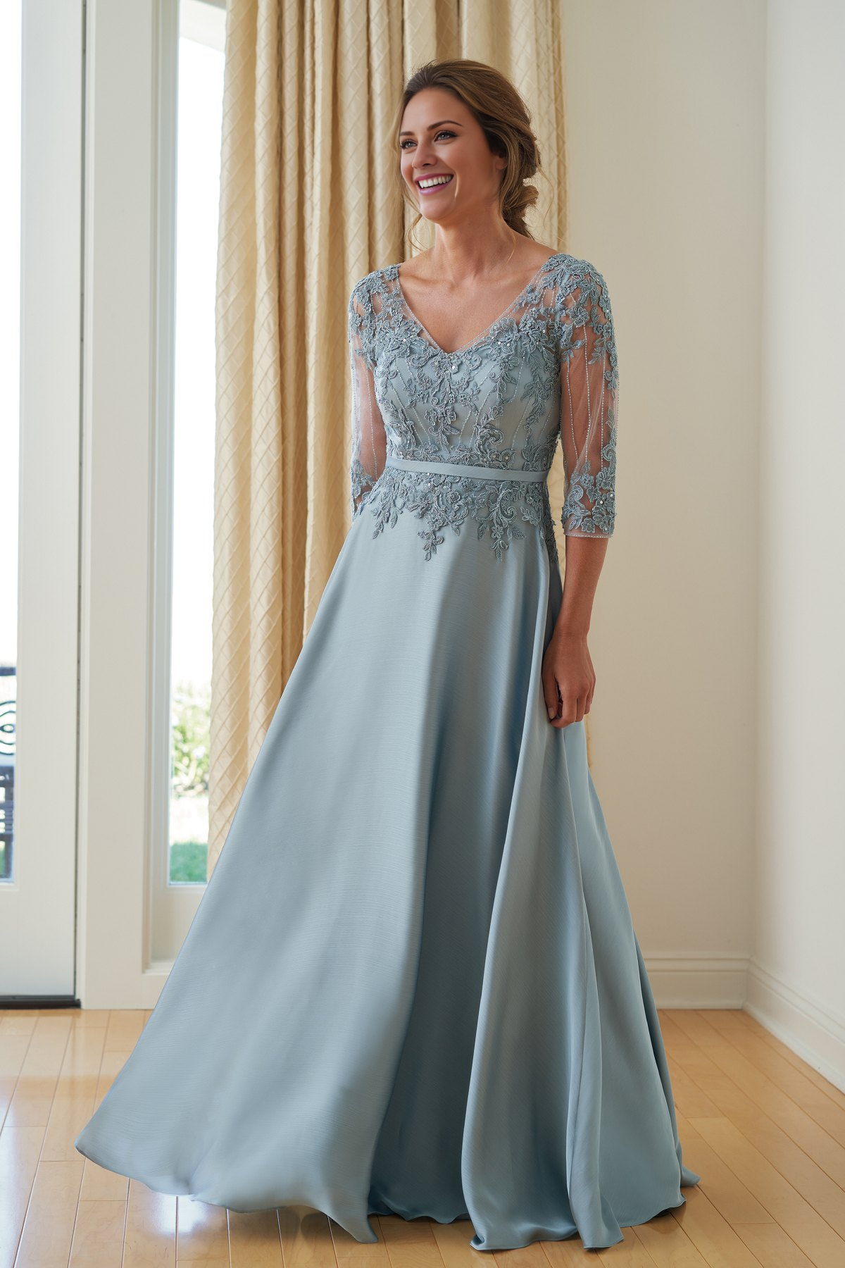 A-line V-neck satin chiffon lace and floor length mother of bride dresses