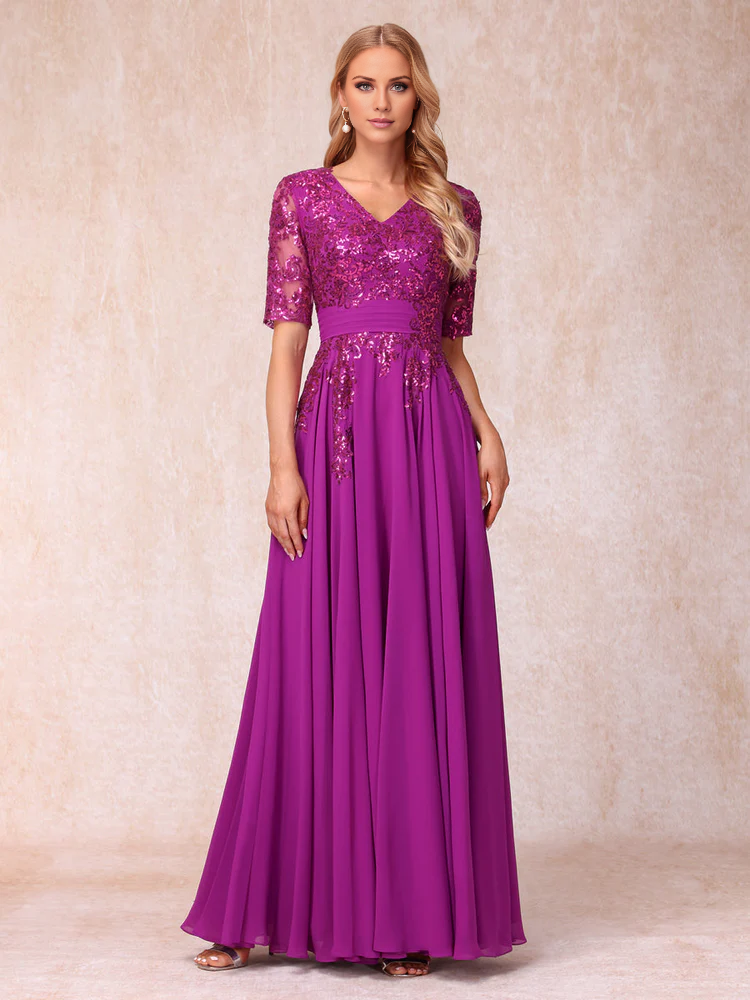 V-neck half sleeved shiny long style official mother of the bride dress