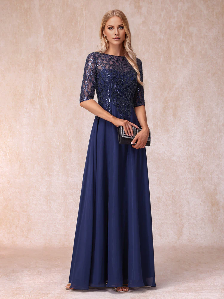 Transparent Collar Half Sleeve Long with Beads and sequins Mother of the bride dress