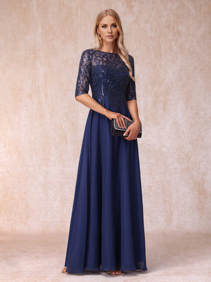 Transparent Collar Half Sleeve Long with Beads and sequins Mother of the bride dress