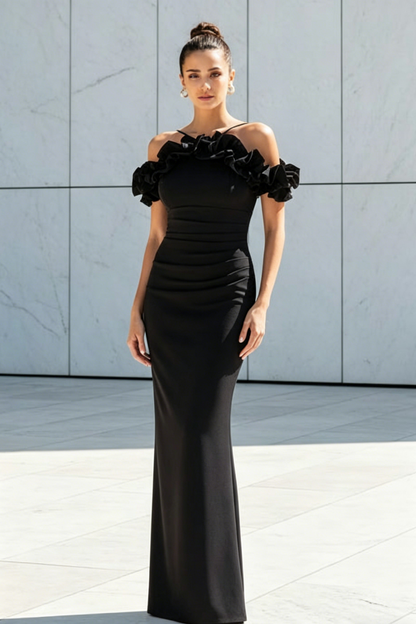 Off-The-Shoulder Sleeveless Floor-Length Elastic Satin Mother Of The Bride Dresses With Shoulder Ruffle