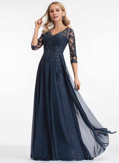 Jimiss A-line V-neck floor mopping lace chiffon with sequins mother of the bride dress