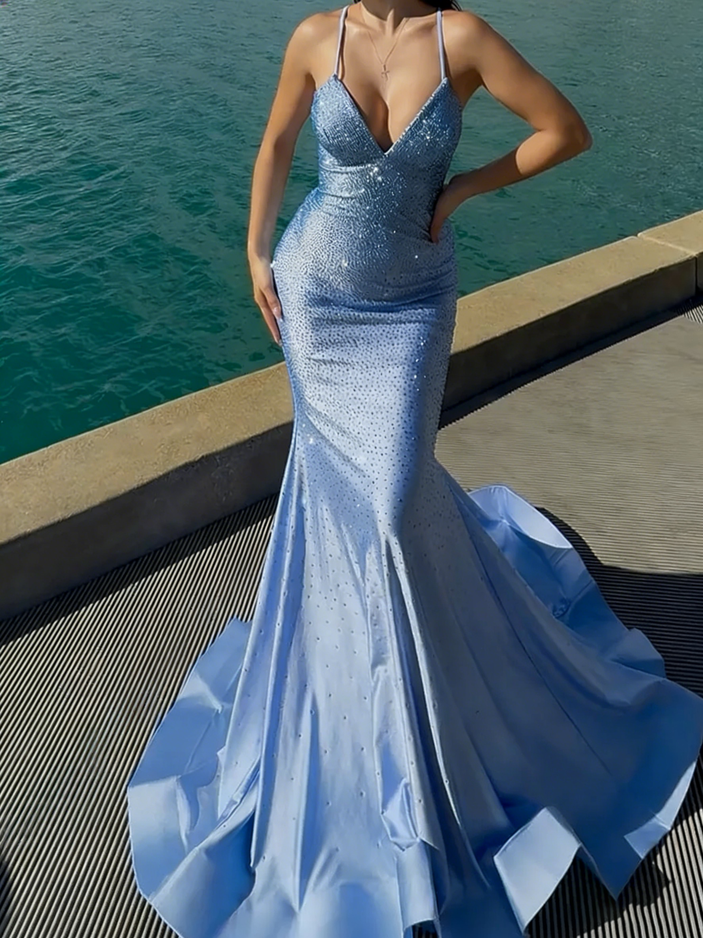 Hermosos Mermaid Spaghetti Straps Sequin Court Train Silk Like Satin Corset Prom Dress