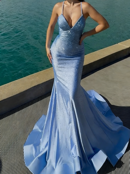 Hermosos Mermaid Spaghetti Straps Sequin Court Train Silk Like Satin Corset Prom Dress