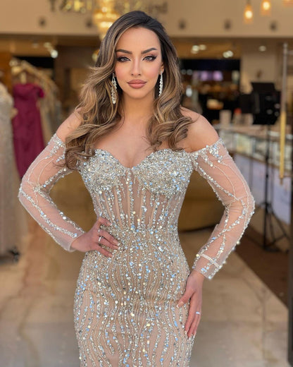 Heavy Prom Dress Sweetheart Long Sleeves Strapless Beading Long Tulle