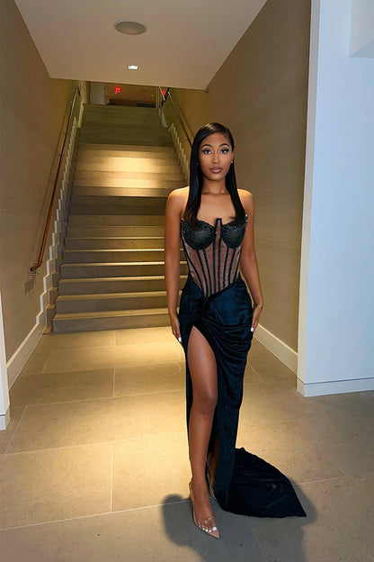 Glamorous Black Sleeveless Tight Mermaid Prom Dress With Split