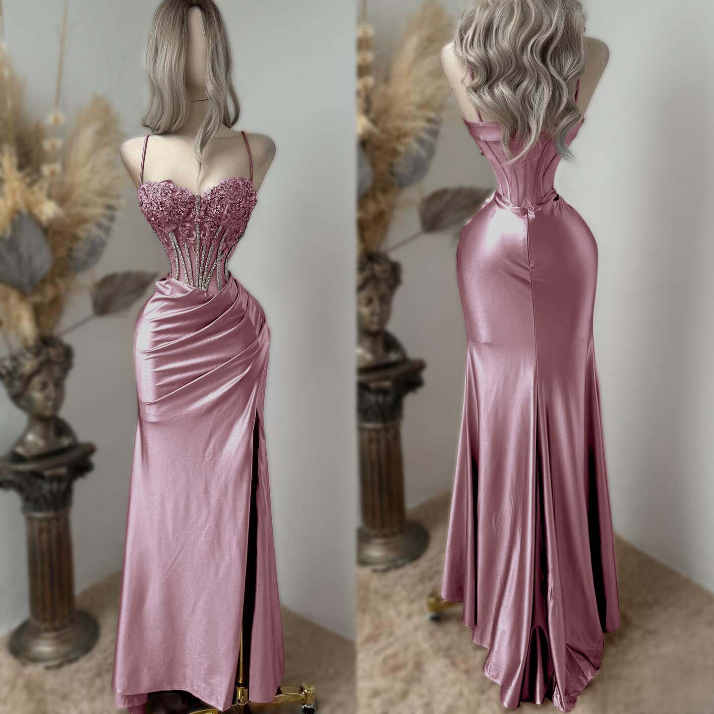 Sweetheart Spaghetti Straps Sleeveless Long Pleated Mermaid Prom Dress With Split And Rhinstone