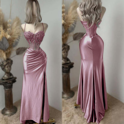 Sweetheart Spaghetti Straps Sleeveless Long Pleated Mermaid Prom Dress With Split And Rhinstone