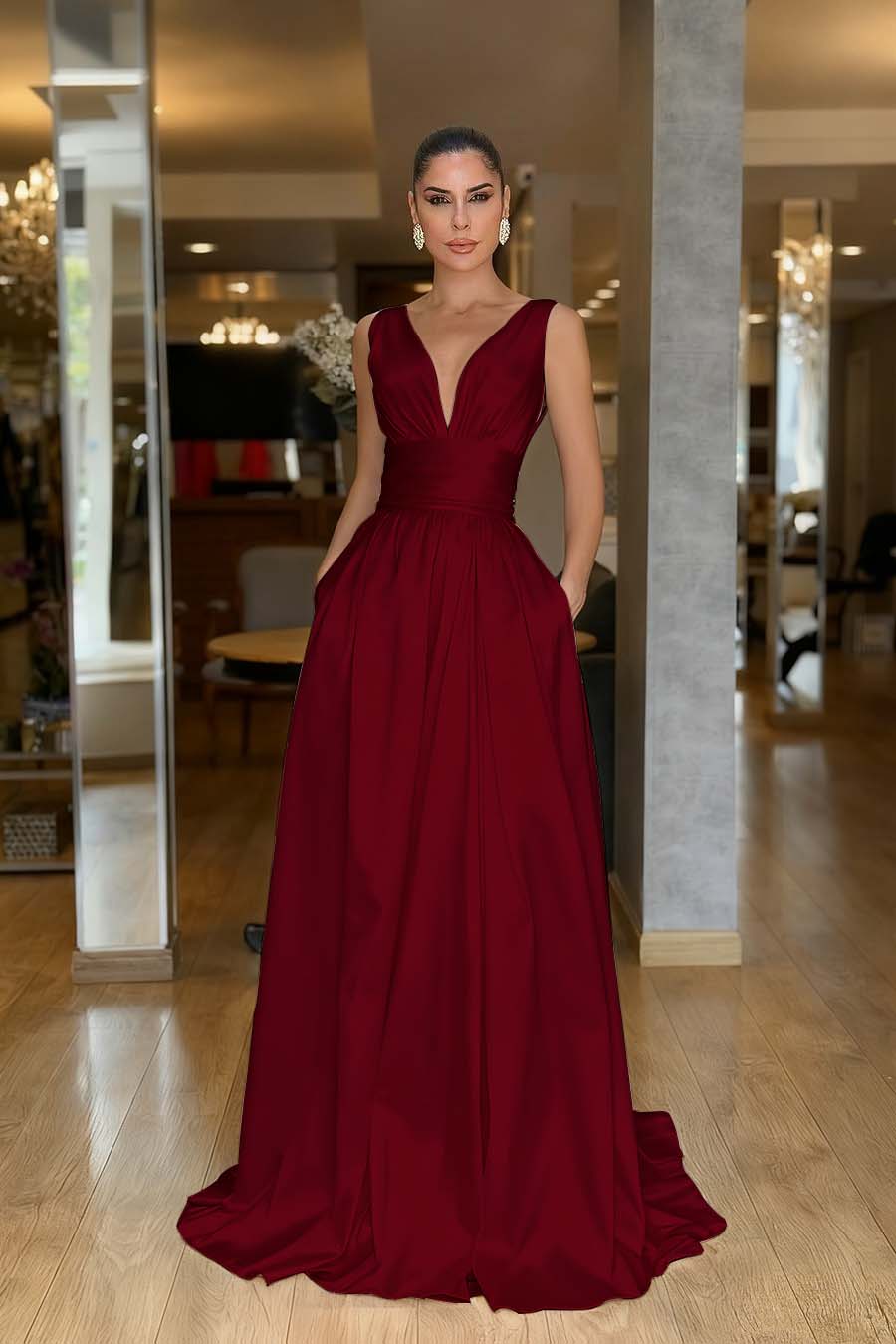 Hidais Straps Sleeveless High Waist Long Prom Dress With Pockets Pleated