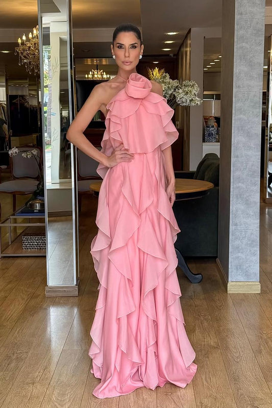 Chiffon Halter Sleeveless Backless Long Prom Dress With Pleated