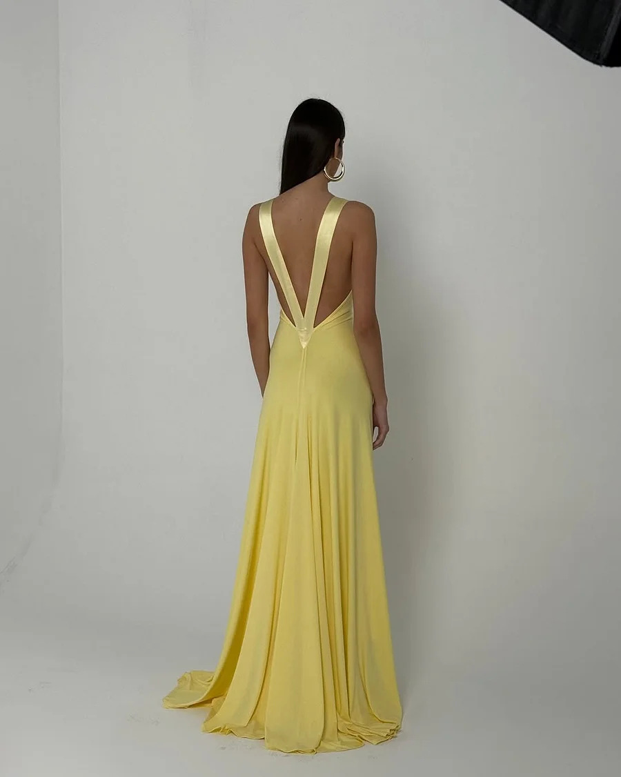 Glamorous Chiffon Daffodil Deep V Neck Sleeveless Sweep Prom Dress