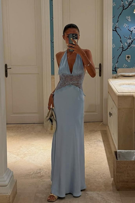Satin And Lace Halter V-Neck Strapless Sleeveless Long Mermaid Prom Dress