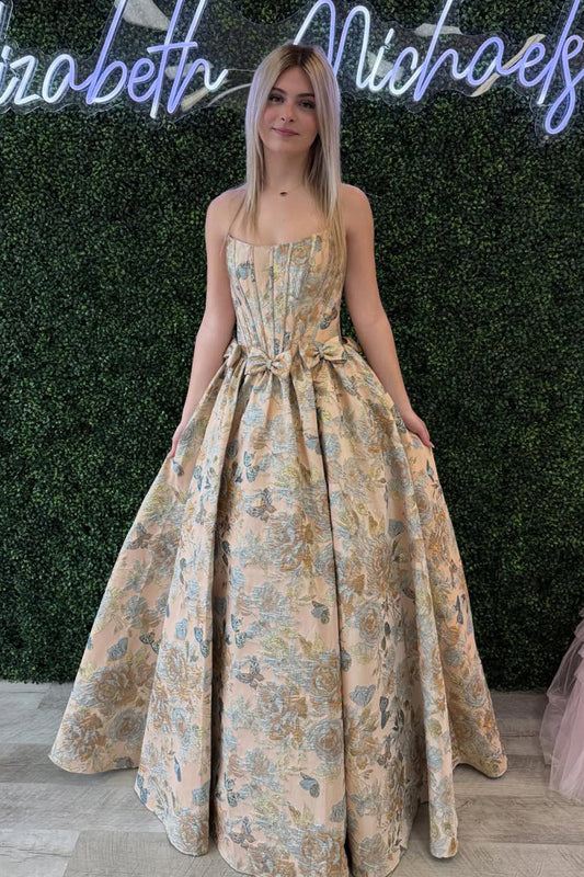 A Line Scoop Neck Jacquard Satin Prom Dress with Bow